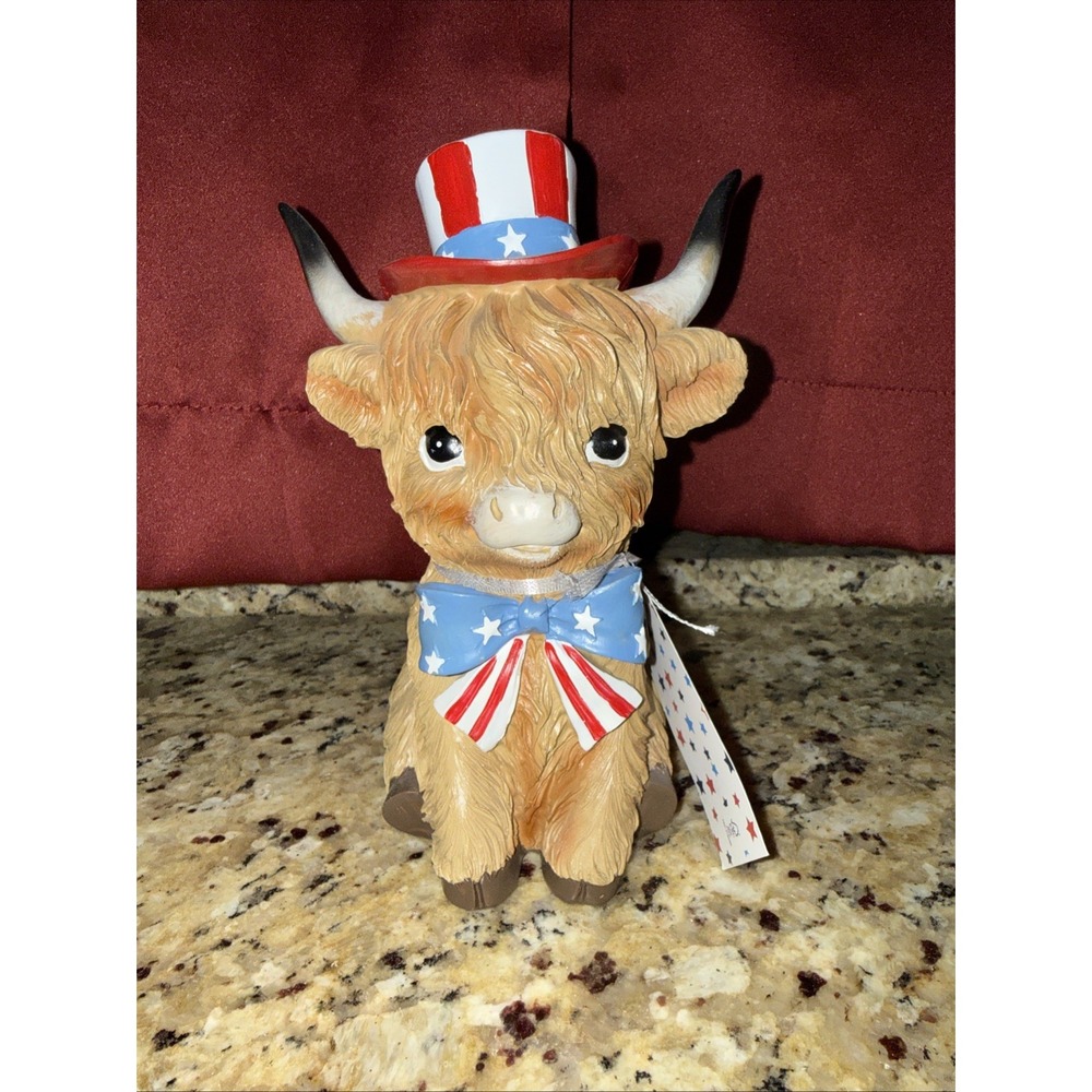 Decorative Patriotic Highland Cow With A Cowboy Hat And Bow Stars And Stripes